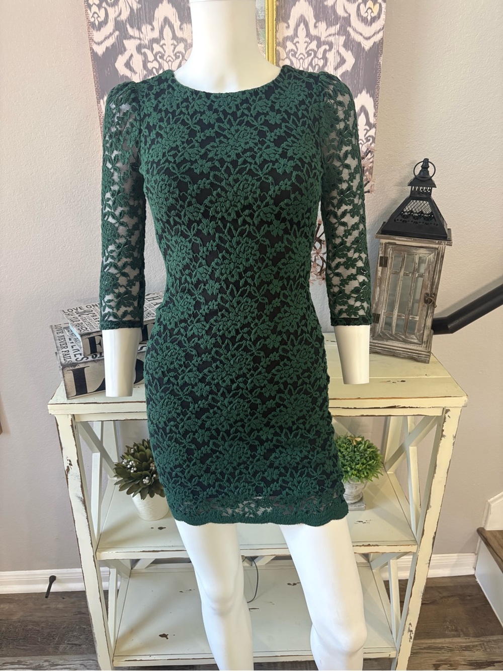 B Darlin Forest Green Lace Mini Dress